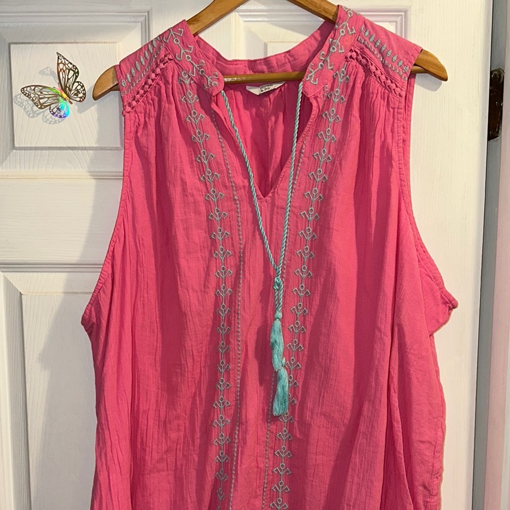 Crown ivy Pink Dress with Blue Embroidery